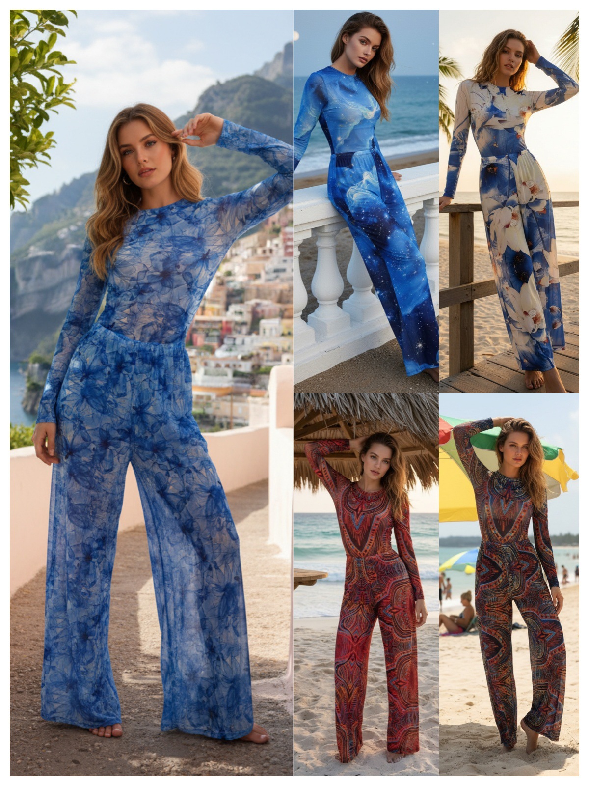 Womens Long Sleeve Printed Mesh Swimsuit with Pants 2 Piece Beach Bathing Suit